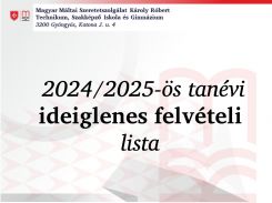 Ideiglenes felvételi lista a 2024/2025-ös tanévre